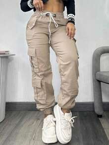 Quần cargo nữ thời trang Y2K, quần thể thao dáng rộng, phù hợp cho mùa thu, hoạt động ngoài trời, Halloween, công sở, thường ngày, phong cách đường phố, nhiều túi, eo co giãn, sân bay, tựu trường, bán chạy mùa xuân - Màu Khaki - Xem 5