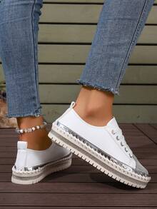 Giày thể thao đế dày buộc dây thường ngày cho nữ có đính đá trang trí - trắng - Xem 3