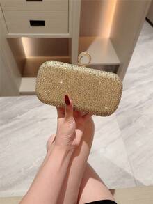 月光之夜手拿包，银色奢华水钻装饰金属链条单肩包，优雅迷你方形晚宴手拿包，适合婚礼、派对、正式场合，女士礼物，派对包，完美适用于派对、婚礼、圣诞/万圣节舞会、晚宴/盛会，婚礼必备，与毕业礼服、晚礼服完美搭配，是舞会配饰的理想之选。 - 金色 - 查看 4
