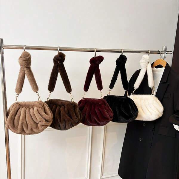 Detachable Strap Cloud Clasp Clutch, New Autumn/Winter Plush Tote Bag, Plush Clasp Bag, Casual Crossbody Bag, Handheld Small Bag, Plush Ruched Bag, Plush Cloud Bag, Underarm Shoulder Bag, Small Bag, Commuting & Shopping Bag