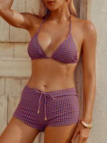 wohenmeili Plaid Print Halter Twist Front Bikini Set - Blue-brown Checkered - View 2