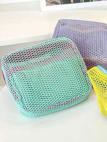 Women's Square Mesh Cosmetic Bag Dopamines Color Toiletry Organizer With Removable Handle And Zippered Closure For Travel - 淺綠色 - 查看 2