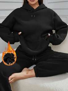 女士连帽上衣带口袋和抽绳长裤两件套，舒适家居服套装，秋冬款 - 黑色 - 查看 2