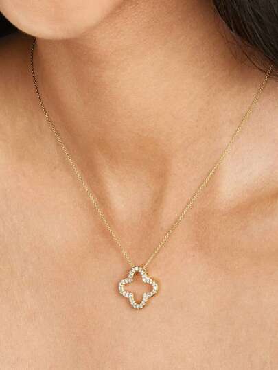 奢华优雅时尚 18k 镀金 925 纯银精美 Ewell 珠宝四叶草镂空锆石吊坠项链，女士日常佩戴