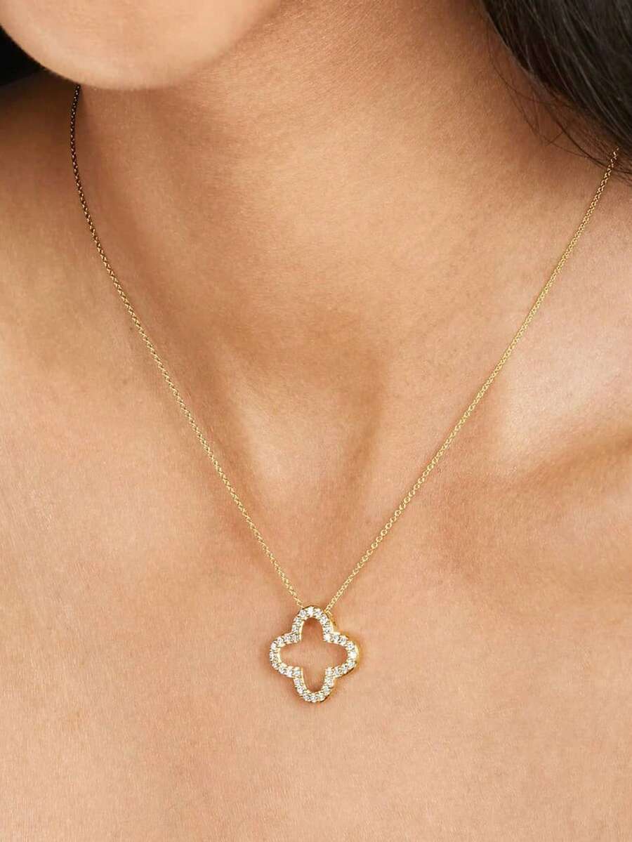 奢华优雅时尚 18k 镀金 925 纯银精美 Ewell 珠宝四叶草镂空锆石吊坠项链，女士日常佩戴