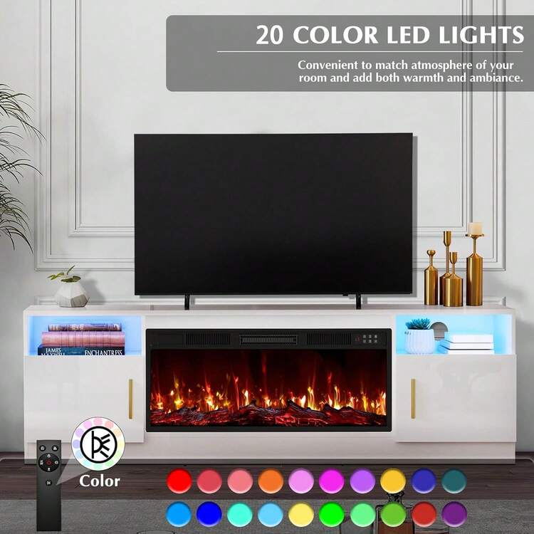 70 Inch Fireplace TV Stand Entertainment Center With 36" Fireplace, 70" Wooden TV Stand For TVs Up To 80", Media TV Console With High Gloss Storage Cabinet And 16 Colors LED Lights - 查看 4