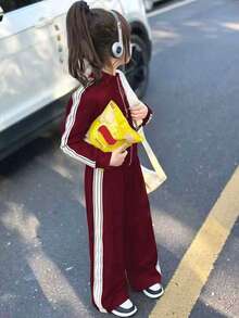 Set di abbigliamento attivo alla moda per ragazze, top con chiusura lampo, collo alto e design a strisce laterali + pantaloni dritti con strisce laterali, set di abbigliamento sportivo elegante per primavera/autunno, adatto per uso casual quotidiano e leggero esercizio, attività all'aperto