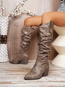 Fall/Winter Women's Fashion Pointed Toe Minimalist Elegant Slimming Slip-On Pleated Camel Color Dress Boots, Chunky Heel, Versatile Mid-Calf Boots - Camel - View 1