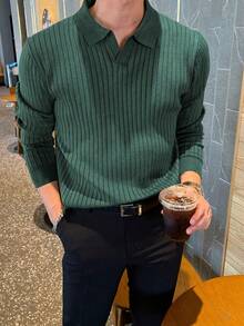 Men's Rib-Knitted Sweater, Casual Long-Sleeved Polo Sweater With Collar, V-Neck Polo Shirt, Solid Color Pullover - màu xanh đậm - Xem 4