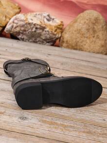 2025 Autumn/Winter New Women's Pointed Toe Flat Vintage British Style Mid-Calf Boots With Double Buckle Soft Leather Casual Riding Boots - Grey - View 7