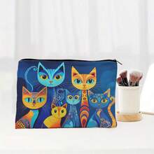 1pc Cute Cat Print Makeup Bag With Zipper Closure - Lightweight Foldable Cosmetic Organizer Pouch, Durable Travel Toiletry Bag - Portable Gift For Cat Lovers, Vibrant Color And Spacious Interior, Essential For Daily Use Or Travel, 2D Flat Design With Vivid Cat Face, Ideal For Organizing Cosmetics