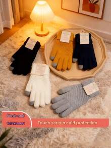 1 Pair Multicolor Winter European & American Popular Thick Velvet Knitted Five-Finger Universal Unisex Solid Color Gloves, Windproof - Multicolor - View 12