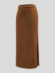 QUNGIGU 女士高腰焦糖色铅笔中长裙，饰有水钻，优雅侧开衩直筒裙，适合春秋季的商务、休闲和晚间场合。 - 棕色 - 查看 9