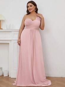EVERPRETTY Elegant Chiffon Plus Size Pink Bridesmaid Maxi Dress, Asymmetric Neckline, Ruched Bodice Design, Perfect For Parties And Vacations - Pink - View 3
