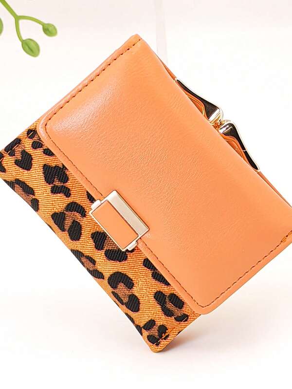 Cartera de mujer de cierre a presión con estampado de leopardo, plegable en tres partes y multifunción; Cartera de mujer de cierre a presión de unicolor, plegable en tres partes y multifunción para mujer, billetera de dinero, billetera mini, billetera, billetera pequeña, billetera linda, billetera para tarjetas, billetera para monedas