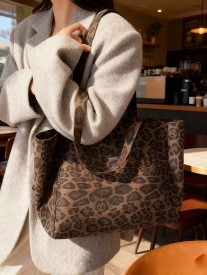 2025 Autumn/Winter New Leopard Print Shoulder Bag, Hobo Bag, Matte Shoulder Bucket Bag, Large Capacity Shoulder Tote Bag, Suede Handbag, Work Bag, Shopping Bag For Women