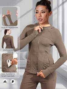 Women's Hooded Long Sleeve Sports Jacket With Thumbholes With Pockets, Breathable Athletic Casual Pullover, Sportswear, Fitness Clothing, Yoga Jacket, Fitness Clothing, Long Sleeve Cycling Sweatshirt, Women's Outdoor Sports Running Tops, Women's Yoga Hoodie Suitable For Running, Fitness, Yoga, Everyday Leisure - Cà phê nâu - Xem 8