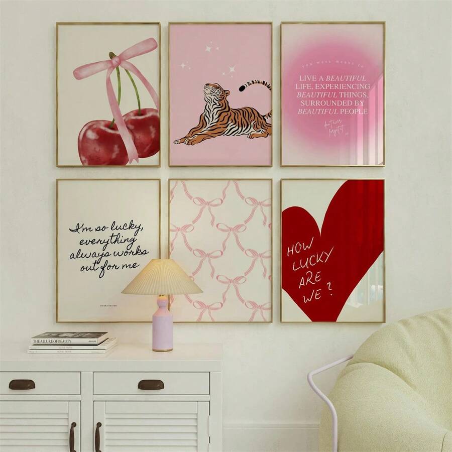 1pc Unframed Wall Art Print: Cherry Bow, Lucky Girl. Ideal Gift For Bedroom, Living Room, Hallway, Wall Art, Wall Decoration, Winter Decoration, Room Decoration Gifts, Birthday Gifts - Multicolor - View 1