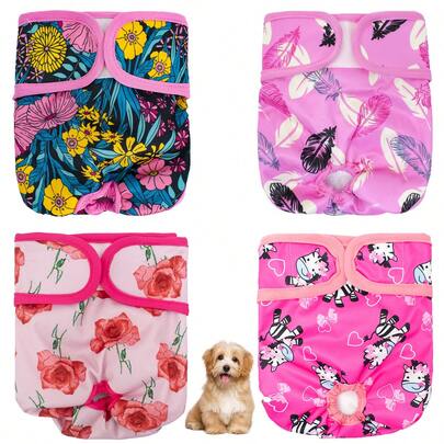 4 piezas de pañales reutilizables para perros con estampado floral, almohadillas para cachorros lavables con correas ajustables, pantalones menstruales para mascotas para incontinencia, alivio del ciclo de calor y entrenamiento para ir al baño