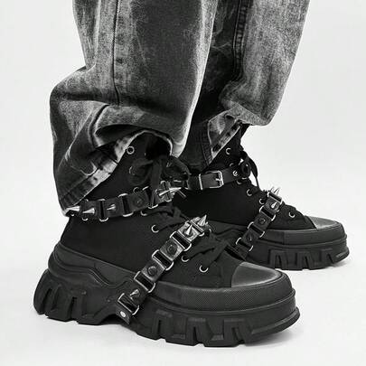 SLnU3 3pcs Men's Fashionable Thick Sole Elevated Motorcycle Boots, Punk Street Preppy Casual Style, Personalized Accessories Decoration, Interchangeable, Metal Eyelets Lace-Up Side Zipper, Simple Design Suitable For Outdoor All Seasons Versatile