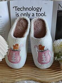 新款欧美跨境粉色&红色圣诞老人粉色姜饼人毛绒女士拖鞋保暖内衬室内拖鞋情侣布艺拖鞋冬季