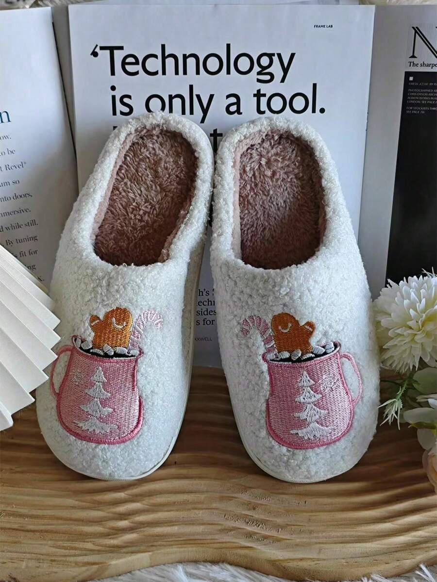 新款欧美跨境粉色&红色圣诞老人粉色姜饼人毛绒女士拖鞋保暖内衬室内拖鞋情侣布艺拖鞋冬季