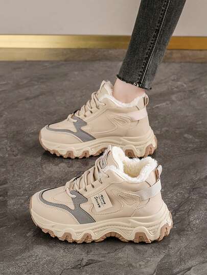 Women's Casual High-Top Sneakers, Fashionable Platform Shoes, Thick Plush Round Toe Casual Shoes, Design, Winter Footwear