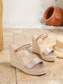 女士春夏新款沙滩度假休闲时尚防滑舒适圆头高跟坡跟绳厚底凉鞋 - 香檳色 - 查看 6