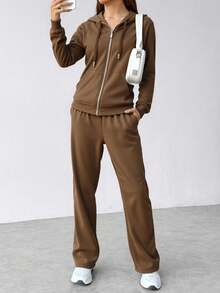 Conjunto de sudadera con capucha y cremallera para mujer -pantalones de pierna ancha, estilo casual y moderno, ideal para múltiples ocasiones. Tela suave y transpirable, diseño con detalles en negro y oro, - Marrón claro 1 - Ver 3