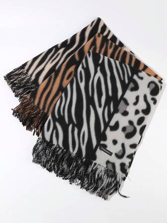 1pc Vintage Leopard & Zebra Print Reversible Warm Scarf Shawl With Tassels, Versatile For Daily Life And Commuting