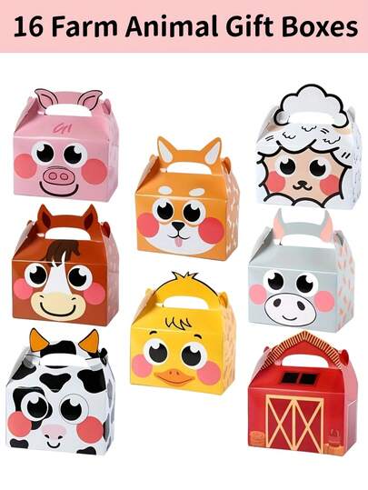 16pcs Farm Animal Pattern Paper Candy Box - Portable Gift Box, Duck, Dog, Pig And More Animal Pattern Gift Boxes, Cake Cookie Packaging Box, Waterproof Thickened Paper Storage Box, For Packaging Birthday Gifts, Candies, Desserts, Snacks, Party Decorations