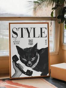 1幅现代光学错觉动物墙画，黑白条纹猫咪图案，黑猫帆布海报，《我是时尚偶像》杂志猫咪图案，情侣礼物，卧室装饰，客厅装饰，办公室装饰，宿舍装饰，墙面艺术，墙面装饰，家居装饰，房间装饰，帆布墙画，海报，带框墙画，可选画框 - 彩色 - 查看 3