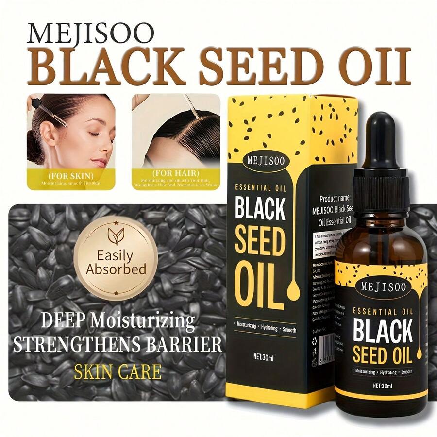 MEJISOO Black Seed Hair Oil, Cold-Pressed Essential Oil With Black Cumin Seed Oil, Monk Bread Fruit Oil, Rosemary Oil, 30ml/1.01fl Oz, Suitable For Scalp/Hair/Facial Care, Triple Effect - Multi Scents - View 1