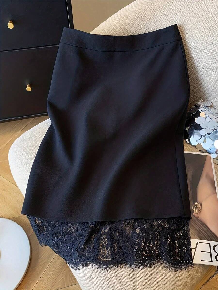 极简设计蕾丝边中长半身裙 高腰垂褶修身职业装半身裙 春季女装 - 藏蓝色 - 查看 1