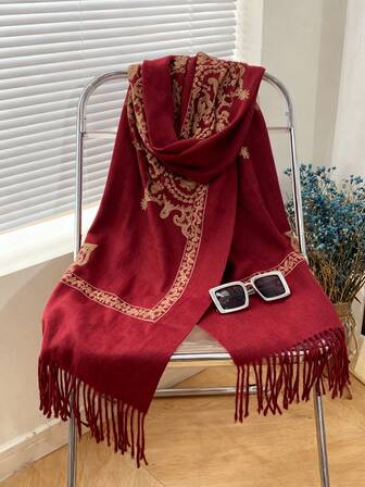 1 pieza Bufanda con patrón de mariposa a cuadros, bufanda de cachemira sintética cálida con flecos, bufanda larga y ancha como regalo, otoño/invierno