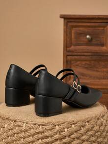 MonaNise 女士5厘米布面包跟时尚金属星空黑色玛丽珍粗跟平底鞋 - 黑色 - 查看 6