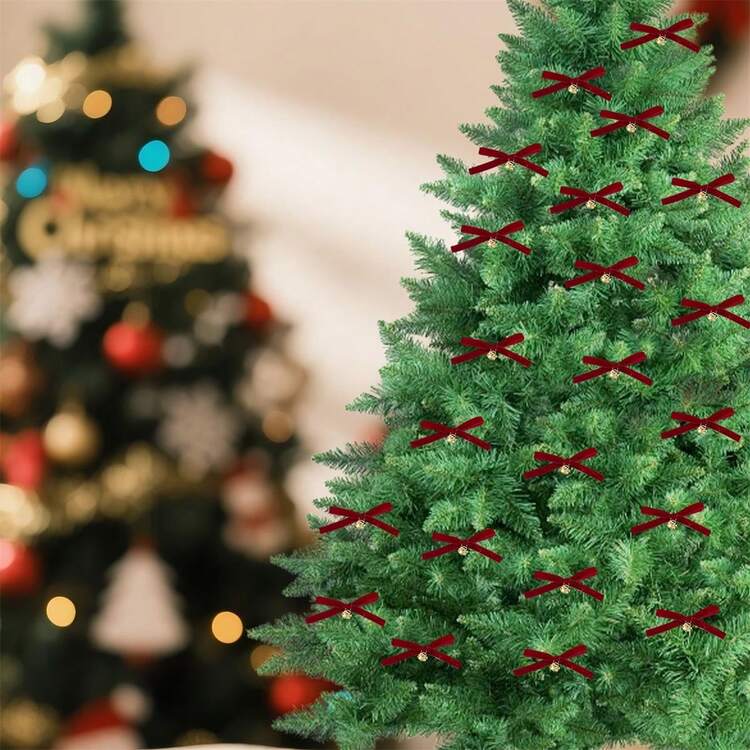 Adornos navideños de terciopelo con forma de lazo, adornos clásicos de campana, elegantes decoraciones colgantes para el hogar - Burdeos - Añade 5