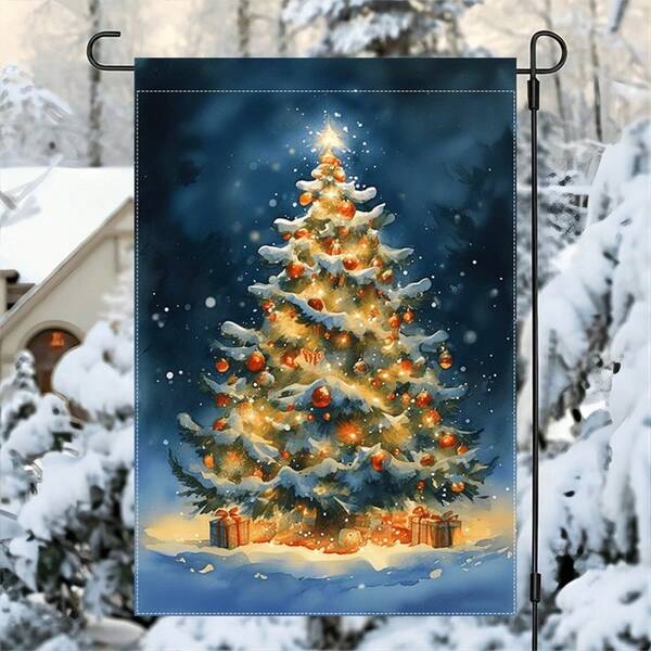 Glow-In-The-Dark Christmas Tree Garden Flag - Double-Sided, Waterproof Burlap, Perfect For Outdoor & Yard Decor, 12x18 Inches.