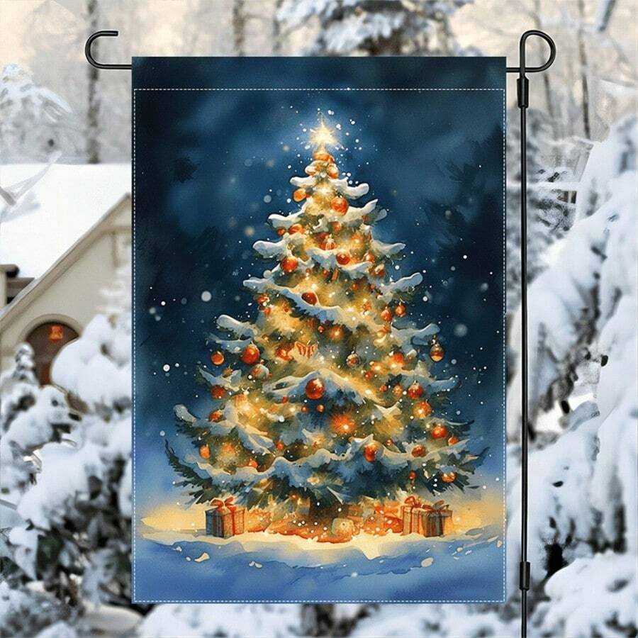 Glow-In-The-Dark Christmas Tree Garden Flag - Double-Sided, Waterproof Burlap, Perfect For Outdoor & Yard Decor, 12x18 Inches.