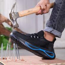 Zapatos con punta de acero, de unicolor, estilo cargo con cordones, versión brillante, zapatos de , para exteriores, para todas las estaciones, zapatos para sitios de construcción, anti-perforación, anti-aplastamiento, unisex - Negro - Ver 2