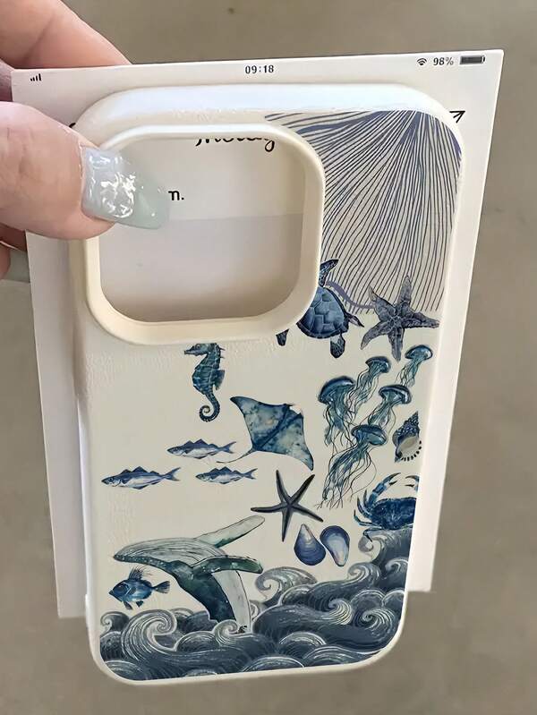 1 pieza Funda de teléfono a prueba de golpes con cobertura total de TPU con gráfico de ballena blanca, ola, criatura del océano compatible con Apple 16, 15, 14, 13, 12, 11 Pro Max, Series