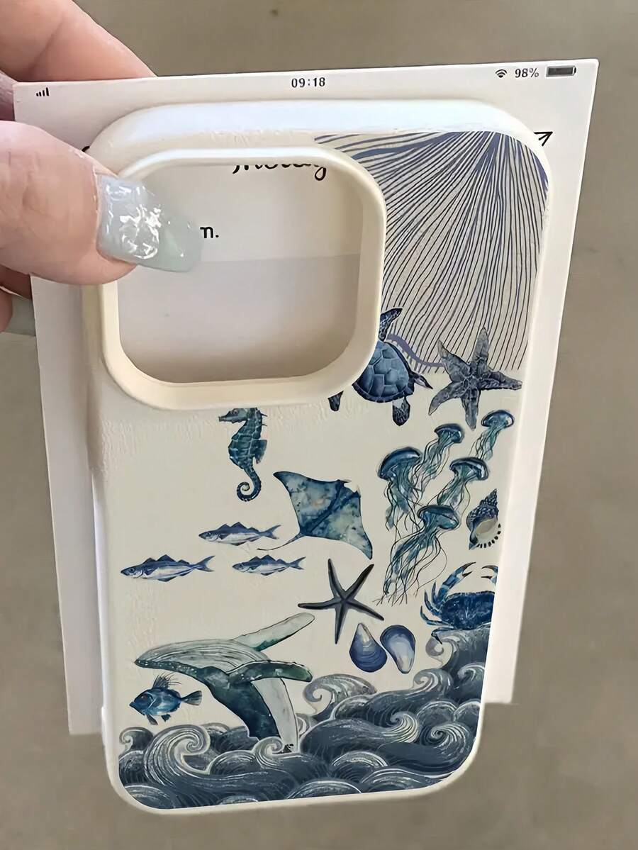 1个白色鲸鱼波浪海洋生物图案全覆盖TPU防震手机壳，兼容苹果16、15、14、13、12、11 Pro Max系列 - 彩色 - 查看 1