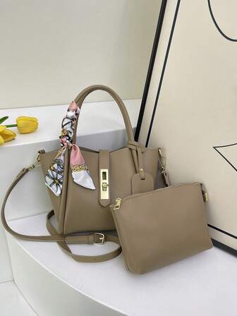 2pcs Set Stylish Lock Decor PU Handbag & Pouch, Minimalist Chic Shoulder Bag With Scarf Accent, Suitable For Women/Girls Office Use