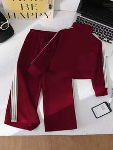 Set di abbigliamento attivo alla moda per ragazze, top con chiusura lampo, collo alto e design a strisce laterali + pantaloni dritti con strisce laterali, set di abbigliamento sportivo elegante per primavera/autunno, adatto per uso casual quotidiano e leggero esercizio, attività all'aperto