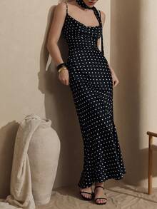 Elegant Women's Sleeveless Polka Dot Dress, Spaghetti Strap Backless Design, Draped Details, Long Pencil Dress, Suitable For Party Wear Black Summer - Black - View 2