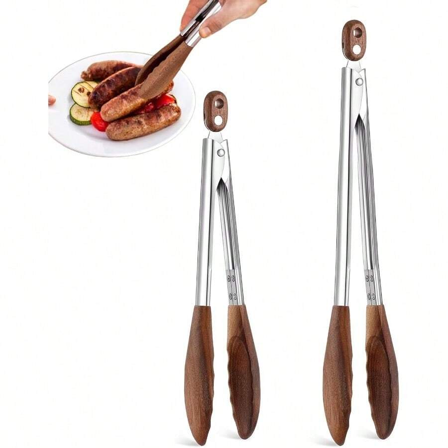 Wooden Tongs For Cooking & Serving Food, Stainless Steel Salad Tongs With Walnut Wood Tip, Anti-Slip Long Handle Wooden Kitchen Tongs Heat Resistant, Smooth Locking & Hanging Cooking Utensils Set Of 2 - 預設 - 查看 1