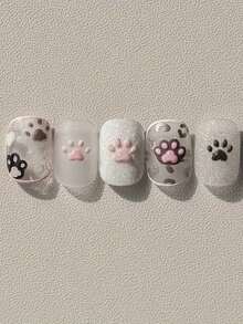 1pc Cute Cat Claw Nail Art Sticker, Cartoon Animal 3D Embossed PVC Sticker, Suitable For Nail Salon And DIY Nail Art Supplies, Glossy Surface, Embroidery Style Single Use Decals, Asymmetrical Shape - Fit For Women Nail Decoration - Nhiều màu - Xem 3