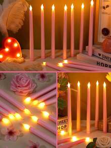1/3/6件組 無火 LED 長錐形蠟燭，3D 晶片逼真火焰，電池供電，適合生日、婚禮、聖誕派對，桌面、窗台、壁爐裝飾，手工藝品（粉紅色） - 彩色 - 查看 3