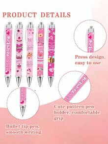 5支粉色情人节圆珠笔，包含蛋糕、爱心、信封等节日元素，高品质按压式笔，新颖的婚礼季派对笔，情人节婚礼派对礼物