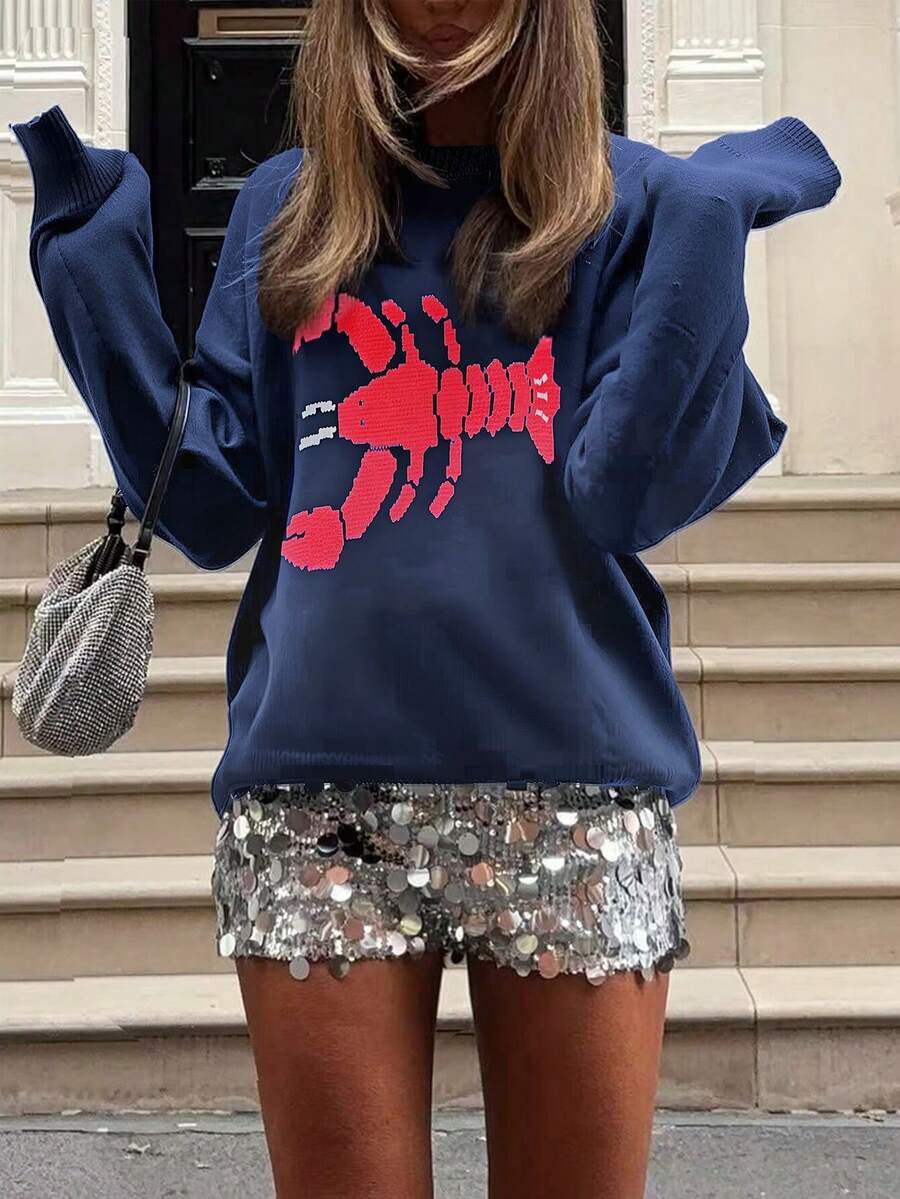 GLOpass Women's Autumn/Winter Casual Commuter Cute Lobster Pattern Relaxed Knit Sweater, Round Neck Pullover Oversized Knitwear Top